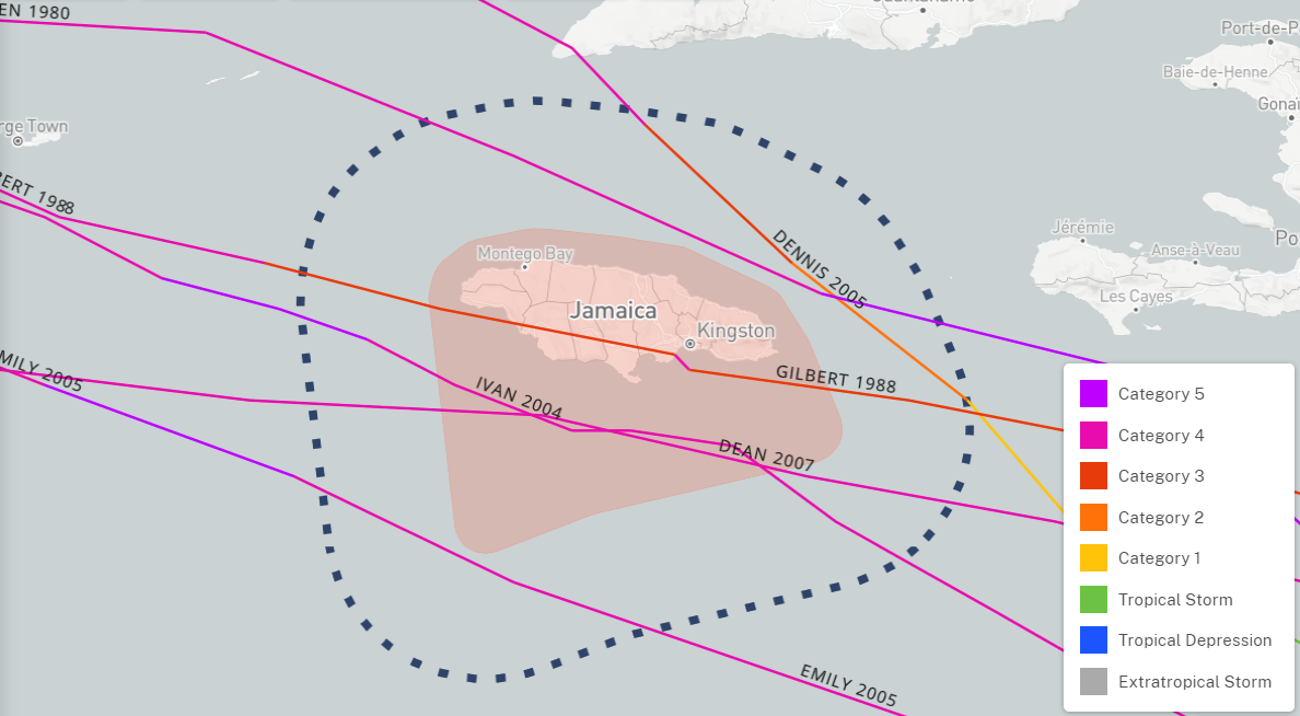 Category 4 and 5 hurricanes to pass within a 50 nm of Jamaica since 1842. Source: NOAA Historical Hurricane Tracks.