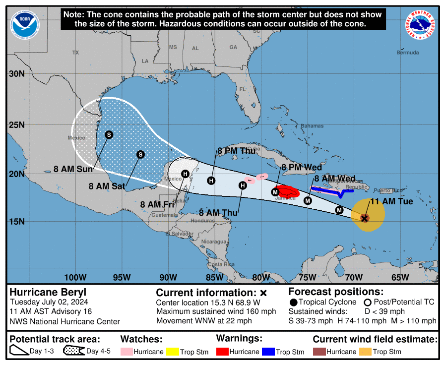 National Hurricane Center Advisory 16 position and best forecast for Beryl. July 2, 2024 at 11AM AST. Source: NOAA/NHC.
