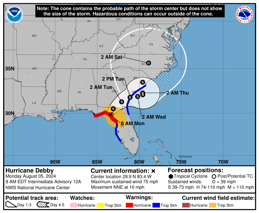 map of Hurricane Debby path