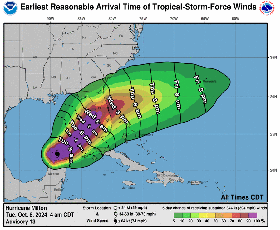 Most likely arrival time (contours) and probability (shaded) of tropical storm force winds. Source: NOAA/NHC.