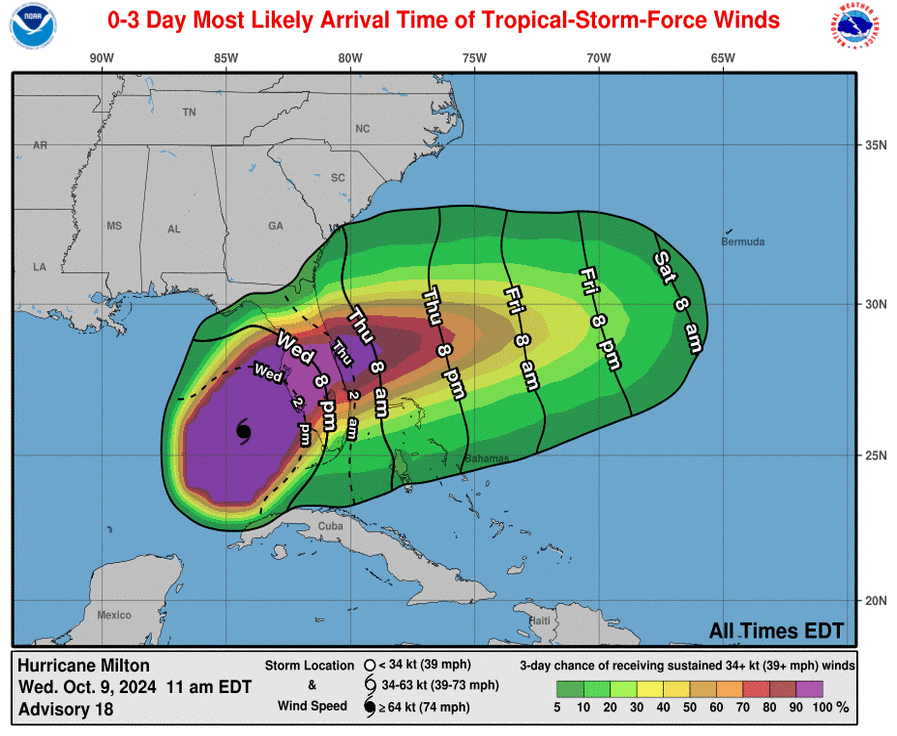 Most likely arrival time (contours) and probability (shaded) of tropical storm force winds. Source: NOAA/NHC.