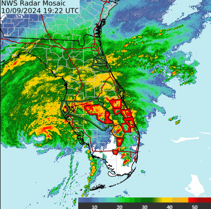 October 9th midday Tampa Bay radar loop. Note the tornado warnings (red boxes) over south-central Florida. Source: Brian McNoldy, University of Miami.