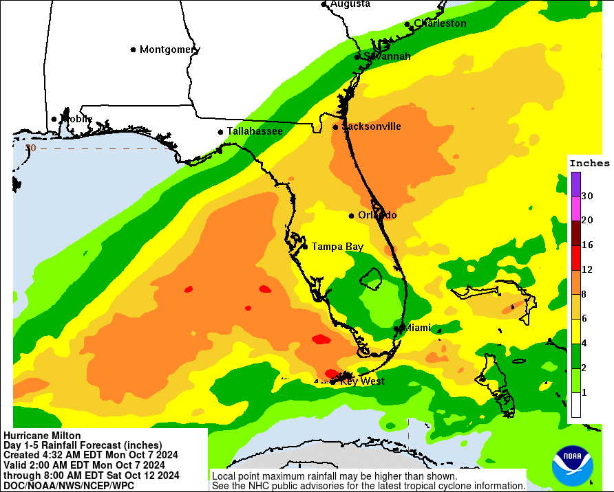 Forecast rainfall amounts (inches) through 8AM EDT October 12. Source: NOAA/NHC.