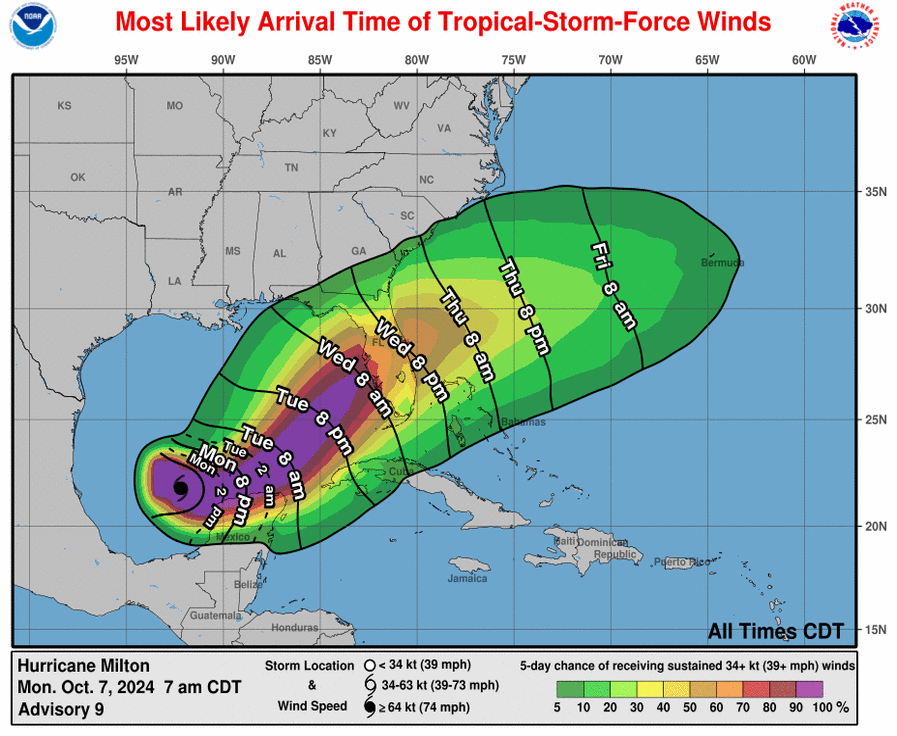Most likely arrival time (contours) and probability (shaded) of tropical storm force winds. Source: NOAA/NHC.