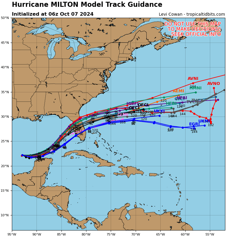Weather model forecast tracks. Note range of scenarios from Ft. Myers to south of Cedar Key. Source: NOAA/NHC.