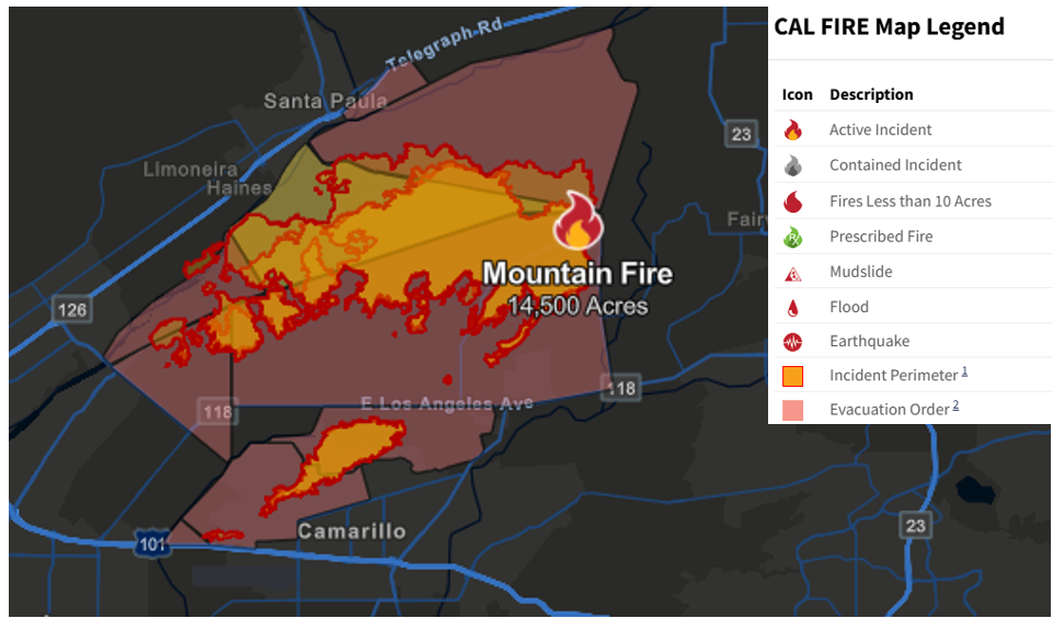 Recent Perimeters and Evacuation Orders for the Mountain Fire Source: CalFire.