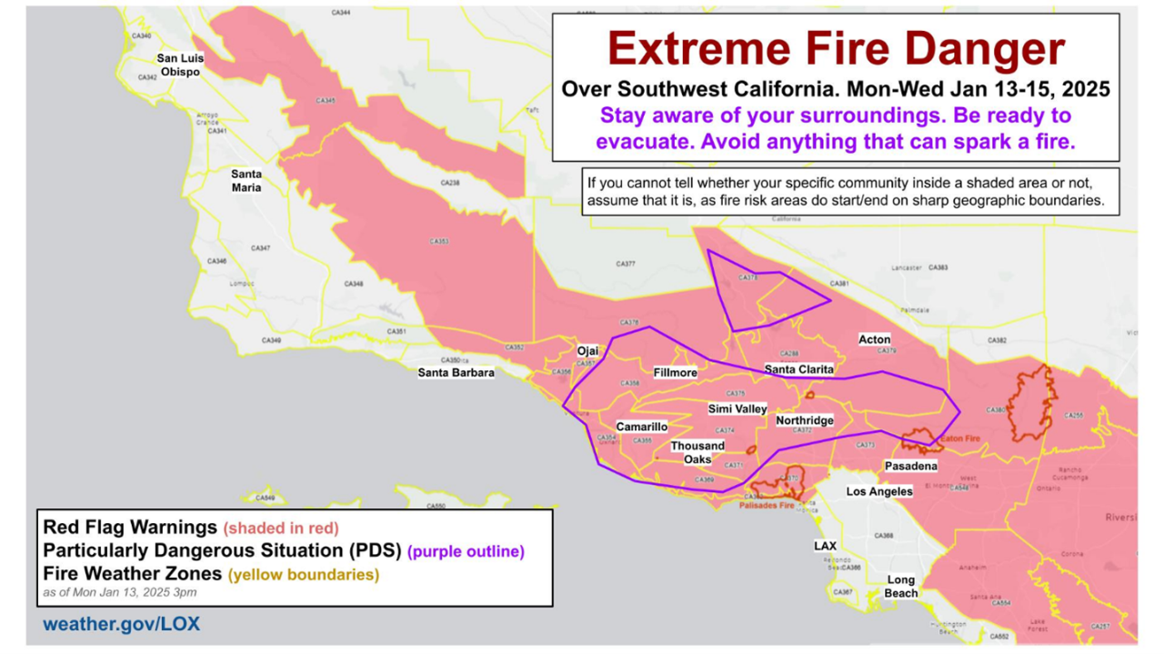Red Flag Warnings including Particularly Dangerous Situation Status. Source: NWS Los Angeles.