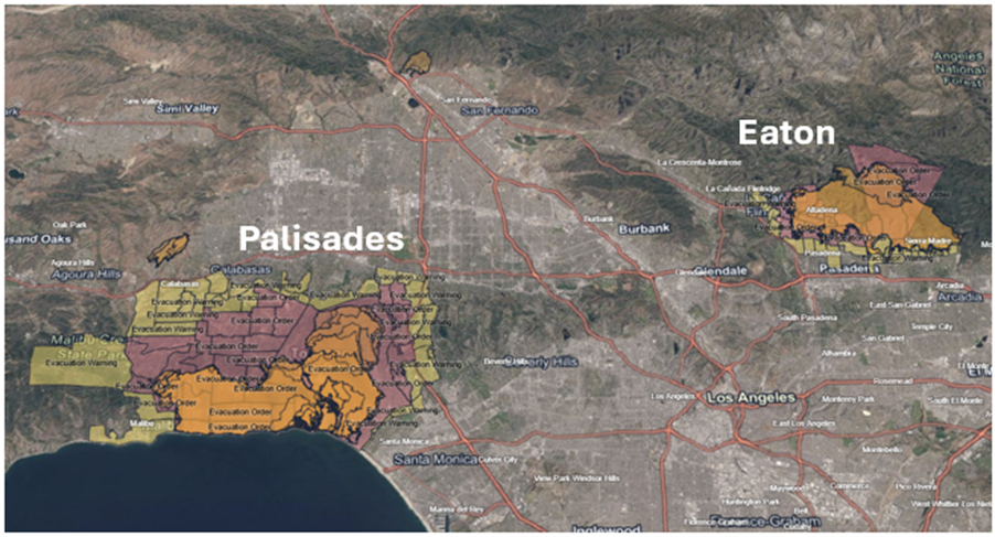 Evacuation zones and fire perimeters as of January 14, 2025. Source: CalFire.
