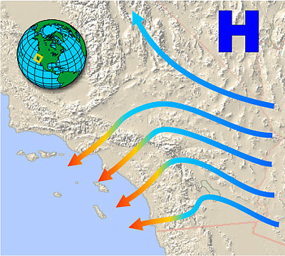 Example of a Santa Ana Wind Event. Note High pressure over the interior forcing a dry, offshore flow. Source: NOAA/NWS.