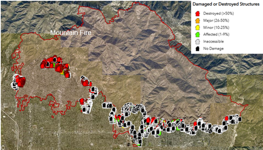 Eaton Fire Perimeter (red) and Structure Damage Assessment as of Jan 13, 2025. Source: CalFire.