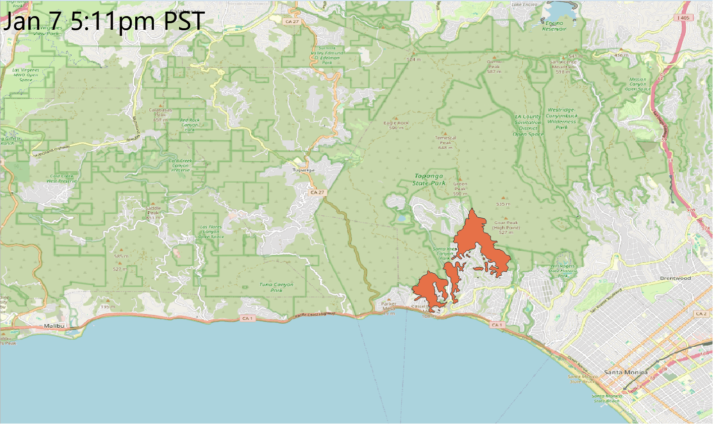 Timelapse of Palisades Fire Progression through Sunday evening. Source: CalFire and Guy Carpenter.