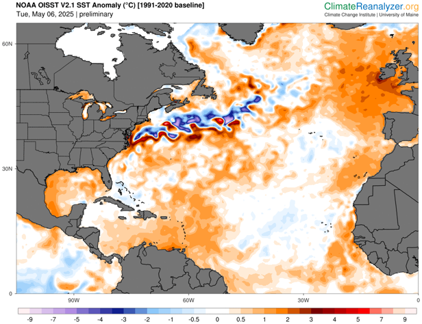 Sea surface temperature anomaly with 1991-2020 as a baseline. Source: ClimateReanalyzer.org, Climate Change Institute, The University of Maine.
