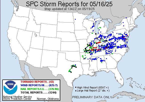 May 16, 2025 Storm Reports. Source: SPC.