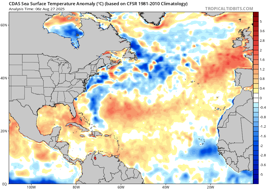 Figure 5: North Atlantic sea surface temperature anomalies for August 27th, 2025 (Source: Tropical Tidbits)