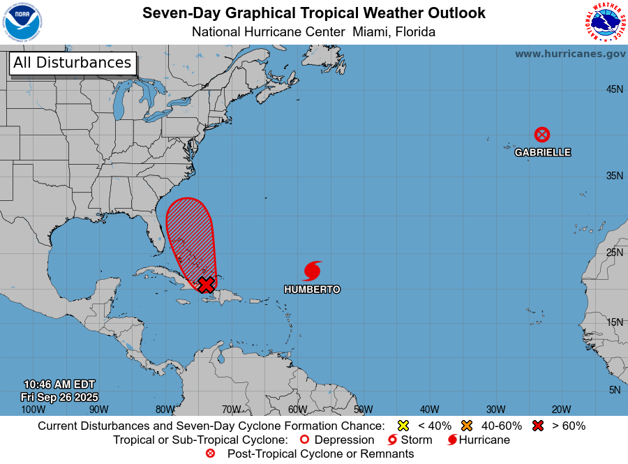 Tropical Overview for the Atlantic Basin. Note future Imelda to the west, with Humberto just east. Source: NOAA/NHC.
