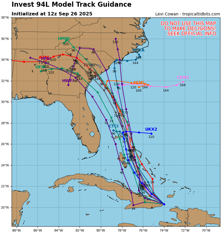 Weather Model Tracks for Caribbean Disturbance (future “Imelda”). Note consolidated landfall scenarios for Southeast US with a few “right-turn” outliers. There is great uncertainty within each model reflecting low forecast confidence. Source: TropicalTidbits.com.