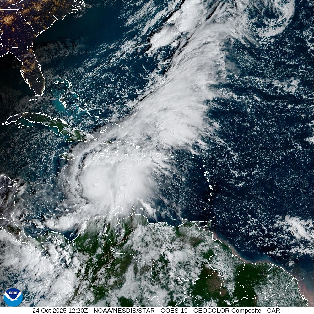 NOAA GOES-19 8:20 am EDT Geocolor Satellite imagery of Tropical Storm Melissa