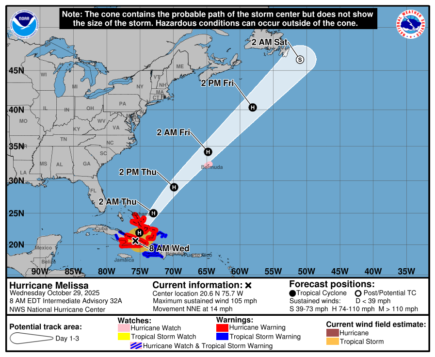 National Hurricane Center. Forecast cone for Advisory 32A, 8AM EDT October 29, 2025.