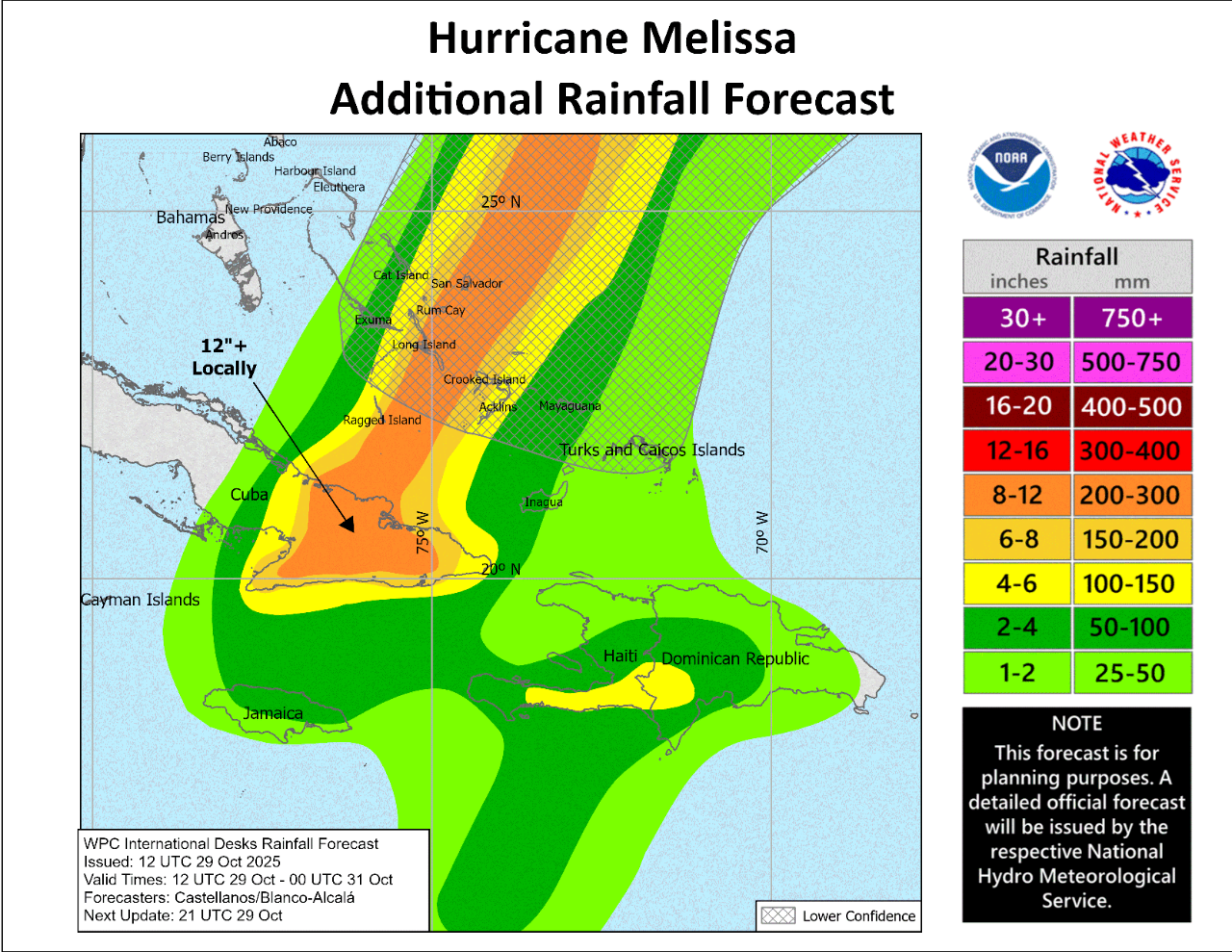 Source: NOAA National Weather Service, 2-day rainfall forecast for Melissa.