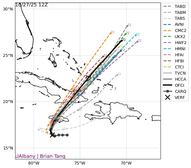 Source: Brian Tang, University at Albany. Melissa forecast track guidance, 12:00 UTC 10/27/2025