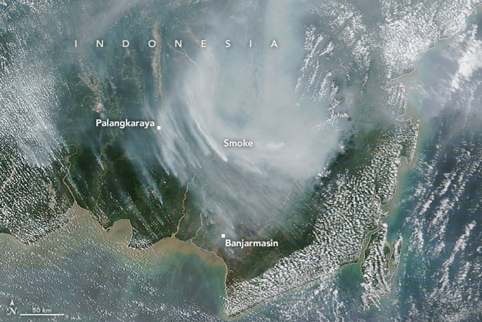NASA Earth Observatory satellite image showing smoke blanketing Indonesia during El Niño in 2023. Source: NASA