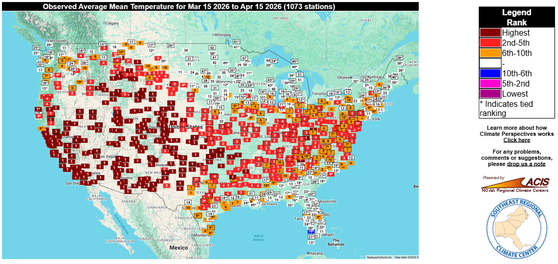 Ranking of Temperature for the 30-Day Period Ending April 15