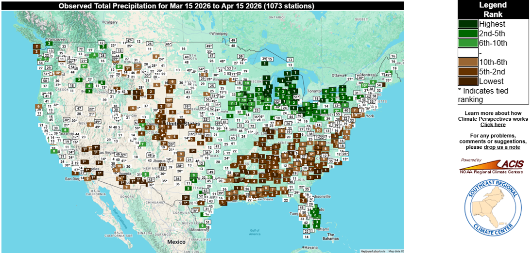 Ranking of Precipitation for the 30-Day Period Ending April 15
